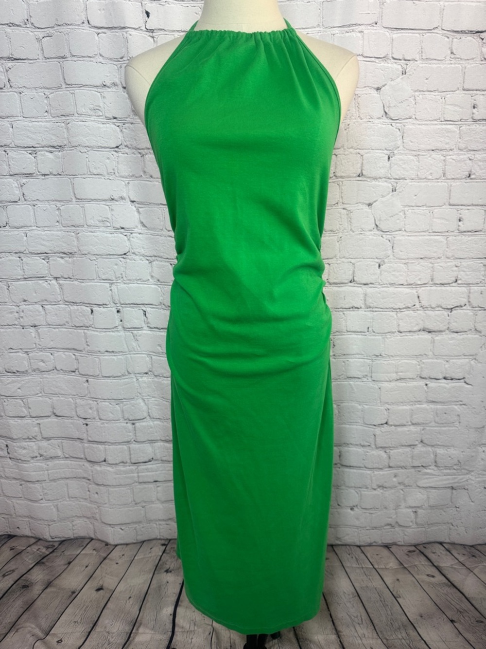 Zara Green Halter Neck Women's Midi Dress Knit Cotton Spandex Size XL